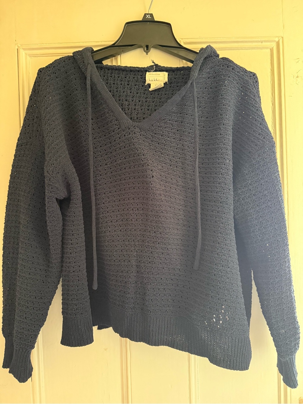 Nicole Miller Navy V-Neck Waffle Knit Hoodie Sweater